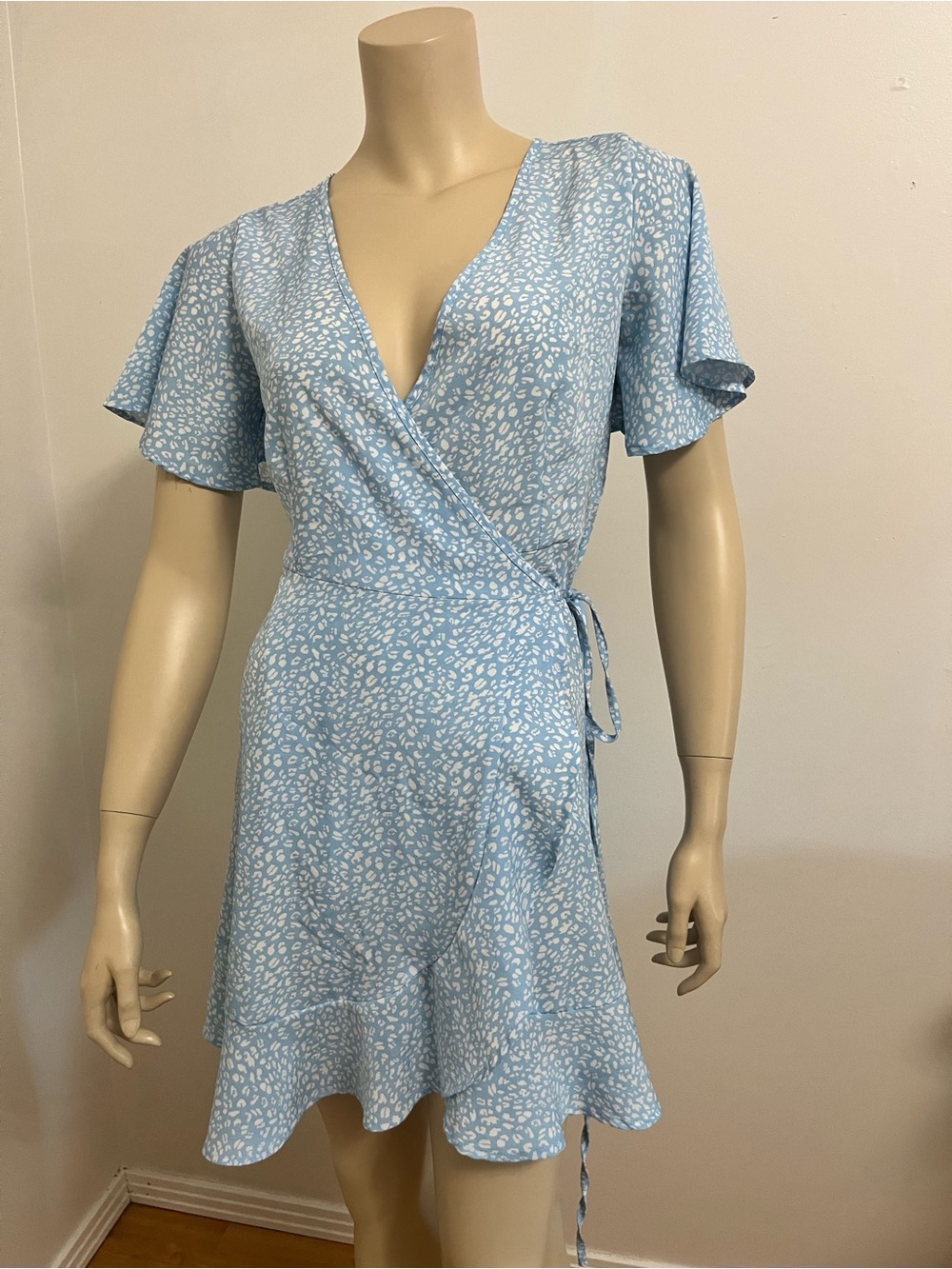 SHEIN Light Blue Wrap Mini Dress with White Spot Print